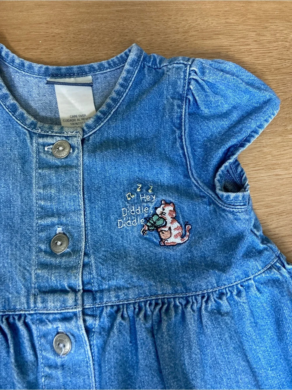 Carter's Vintage Blue Denim Button-Front Dress with Embroidered Cat